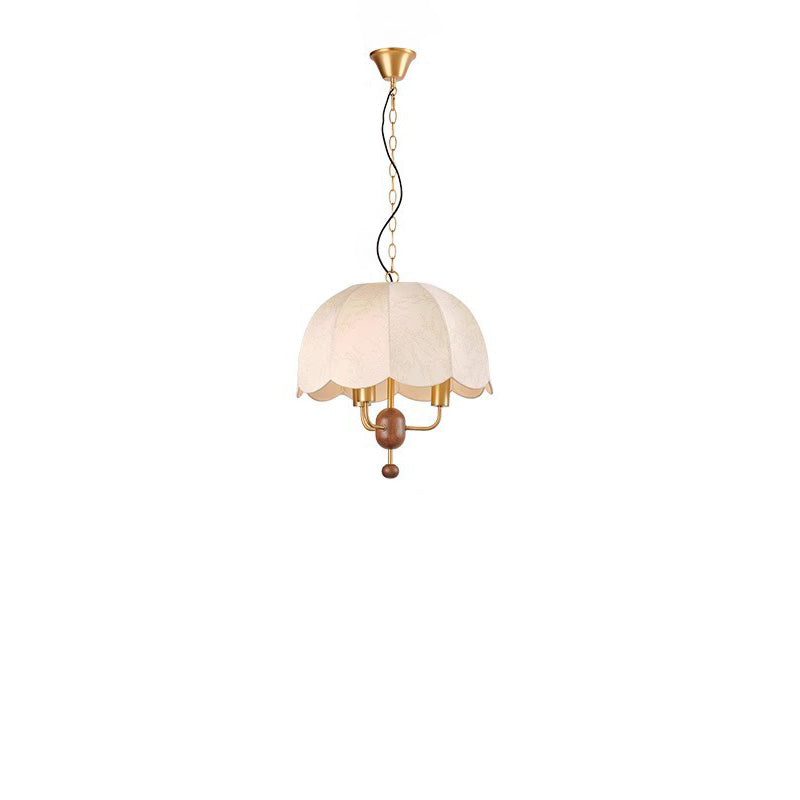 Lustre Suspendu à 3 Lumières en Tissu Rond Traditionnel Français avec Fer et Noyer pour Salon 