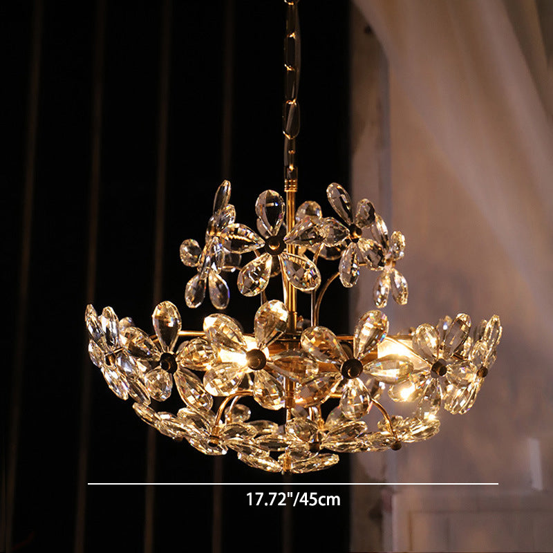 Lustres traditionnels français en cuivre et fer avec fleurs en cristal hémisphériques à 6/8 lumières pour chambre 