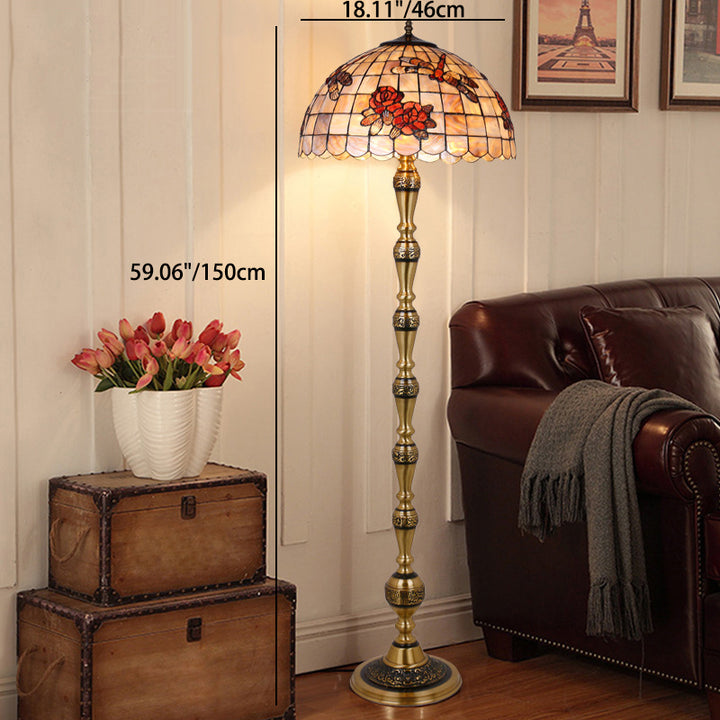 Traditionelle Tiffany Messing Shell Dome Rose Libelle 3-Licht Stehlampe für Wohnzimmer 