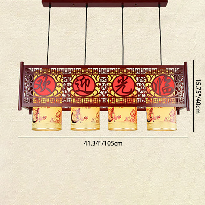 Traditional Chinese Wood PVC Imitation Sheepskin Rectangular Cylinder 4-Light Chandelier For Dining Room