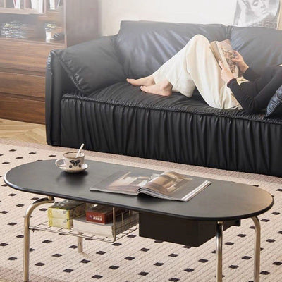 Mesa de café moderna minimalista ovalada con base de madera y vidrio, panel con 1 cajón para sala de estar 