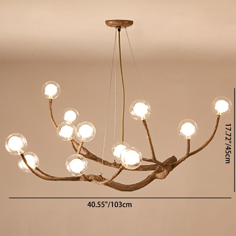 Araña de ramas de madera con globo de vidrio moderno de 8/12/16/20 luces para sala de estar 