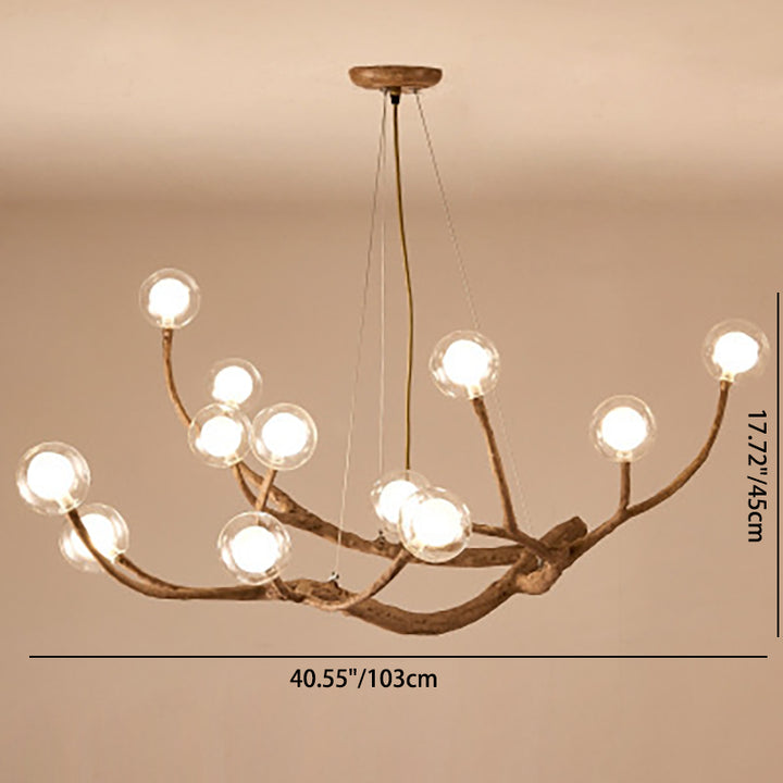 Araña de ramas de madera con globo de vidrio moderno de 8/12/16/20 luces para sala de estar 