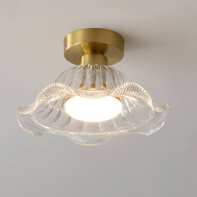 Modern Luxury Floral Full Copper Glass 1-Light Semi-Flush Mount Ceiling Light