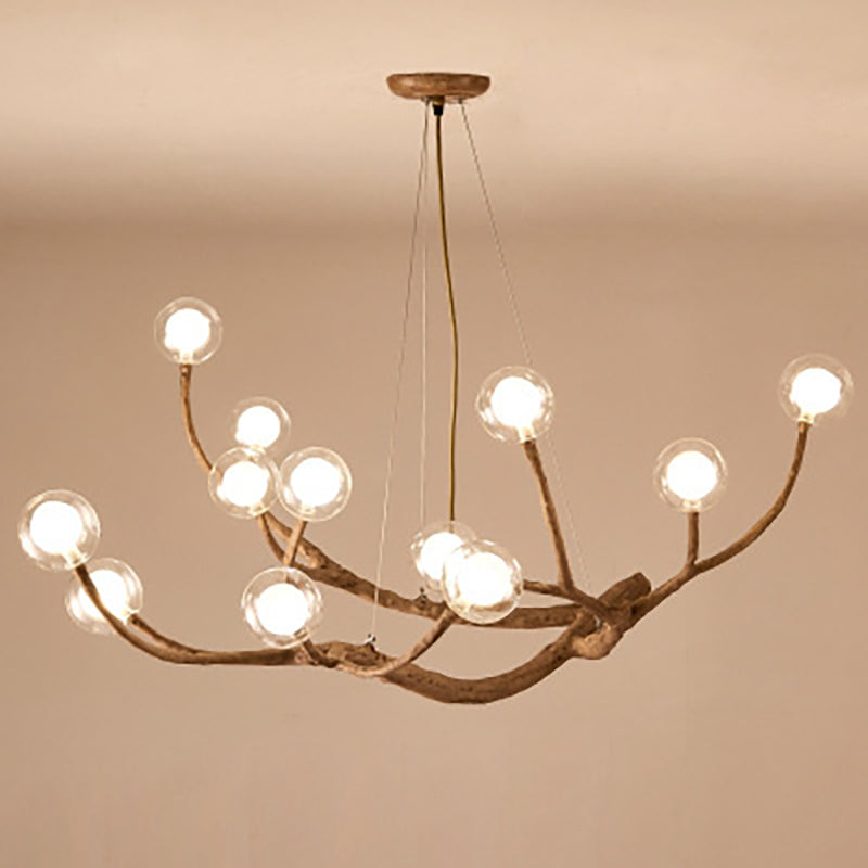 Araña de ramas de madera con globo de vidrio moderno de 8/12/16/20 luces para sala de estar 