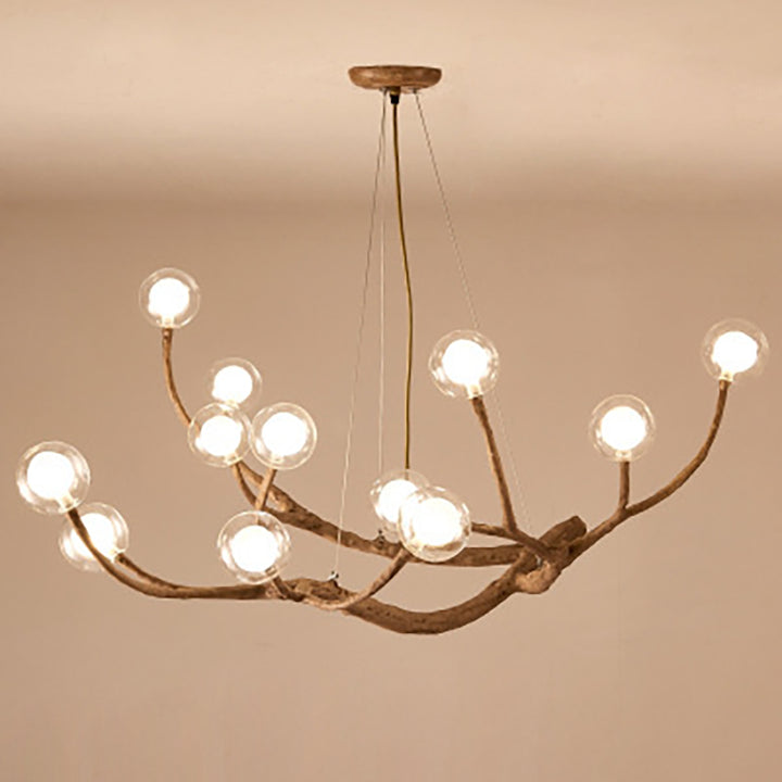 Araña de ramas de madera con globo de vidrio moderno de 8/12/16/20 luces para sala de estar 