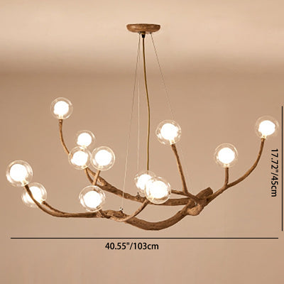Modern Glass Globe 8/12/16/20-Light Wood Branching Chandeliers For Living Room