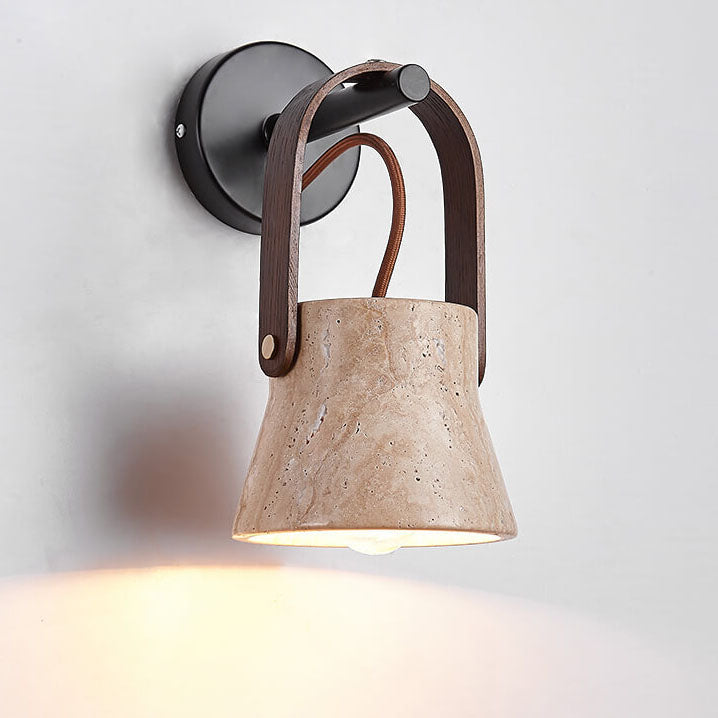 Aplique de pared de 1 luz redondo de travertino amarillo y nogal retro japonés 