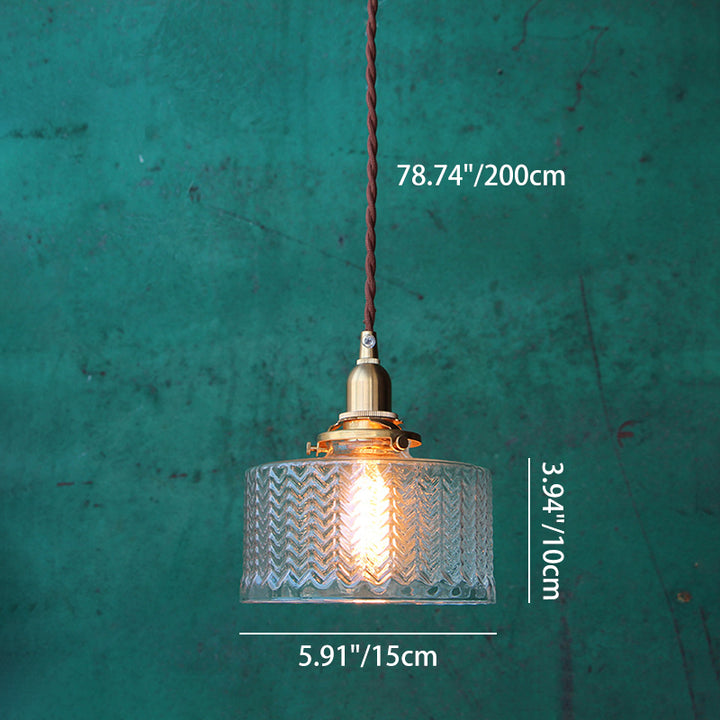 Traditional Vintage Round Wavy Glass Copper 1-Light Drum Pendant Light For Living Room