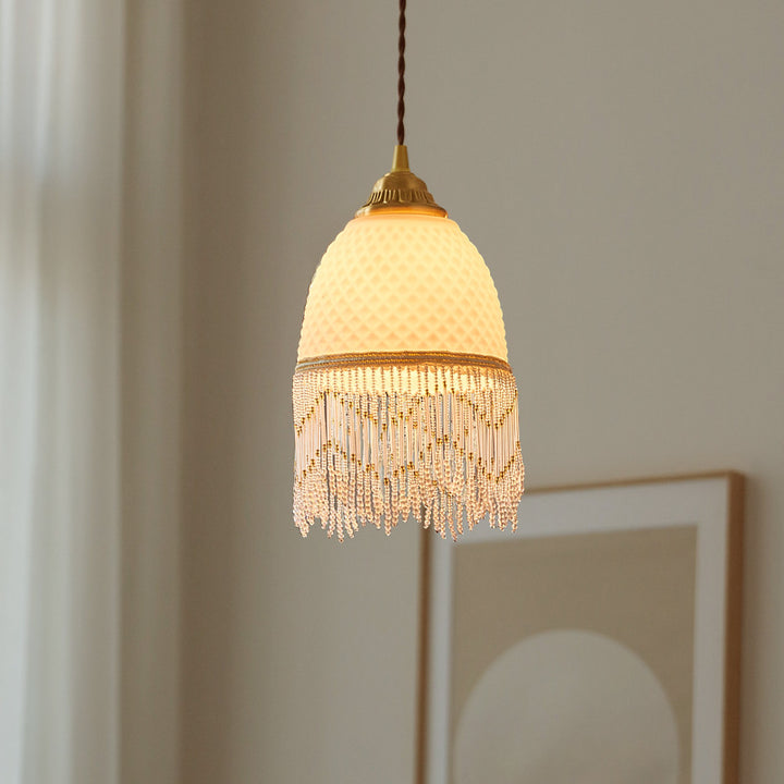 Lámpara colgante de 1 luz de cobre con cristal ovalado tradicional europeo con borla para dormitorio 