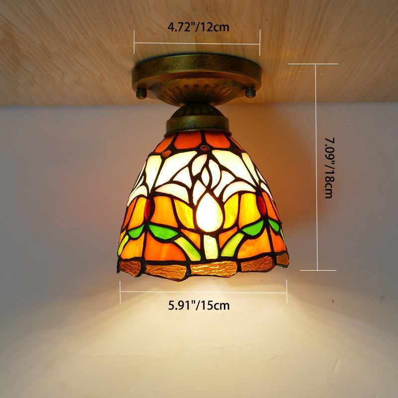 Lámpara de techo semiempotrada de 1 luz con cúpula de hierro y vidrio de colores Tiffany Tulip tradicional para sala de estar 