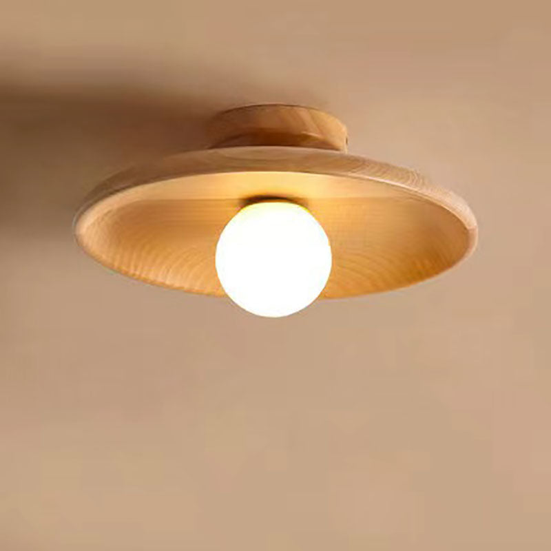 Modern Simplicity Rubberwood Glass Round 1-Light Semi-Flush Mount Ceiling Light For Hallway
