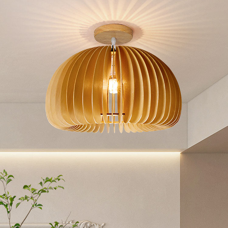 Contemporary Retro Wooden Pumpkin Shape 1-Light Semi-Flush Mount Ceiling Light For Bedroom