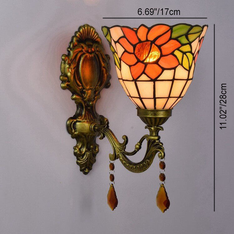 European Vintage Tiffany Sun Flower Glass Metal Resin 1/2-Light Wall Sconce Lamp