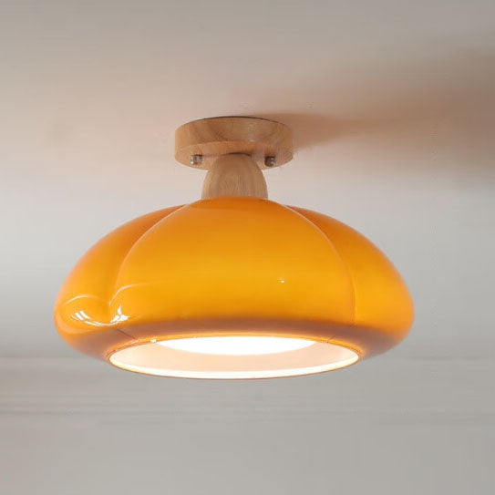 Moderne Cremefarbene Ovale Kürbisgummi-Holzglas 1-Licht Halbeinbau-Deckenleuchte 
