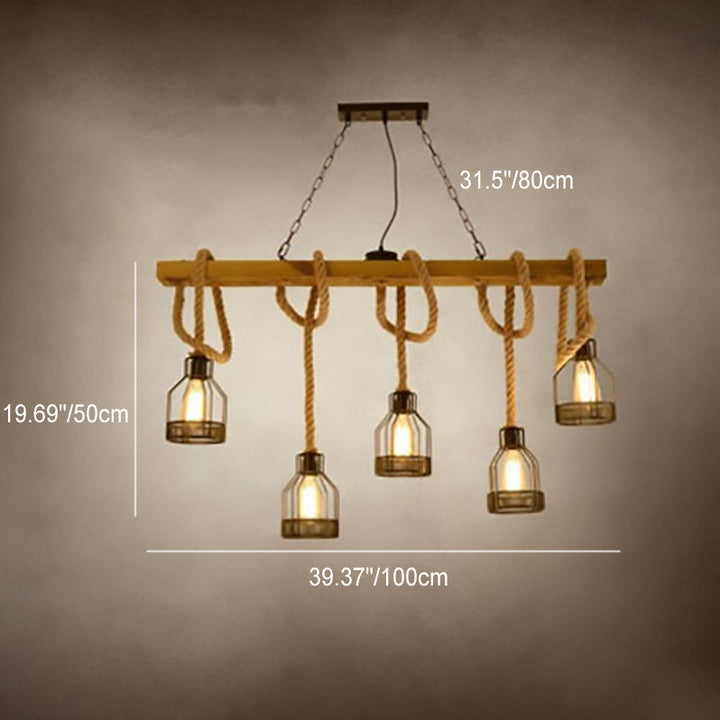 Chandelier de salle à manger à 5 lumières avec abat-jour en cage de fer et poutres en bois rustiques traditionnelles 