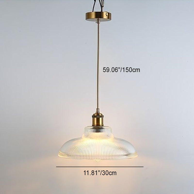Traditional Japanese Wood Brass Glass Semicircular Loudspeaker 1-Light Pendant Light For Dining Room