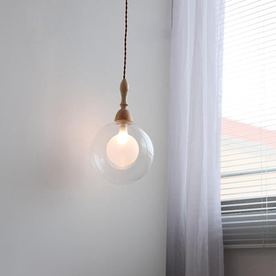 Lámpara colgante de 1 luz de vidrio y madera con forma de orbe japonés tradicional para sala de estar 