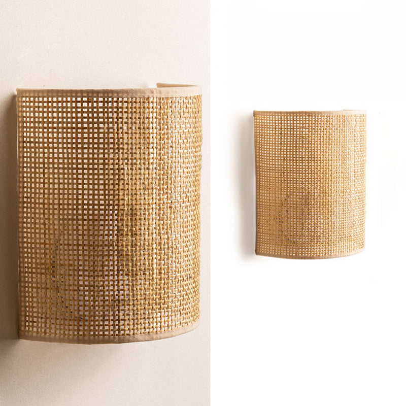 Traditional Japanese Half Cylinder Rattan 1-Light Wall Sconce Lamp For Living Room