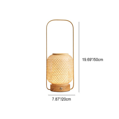 Contemporary Boho Bamboo Weaving Handheld Cylinder LED Touch Dimmable Table Lamp For Bedroom