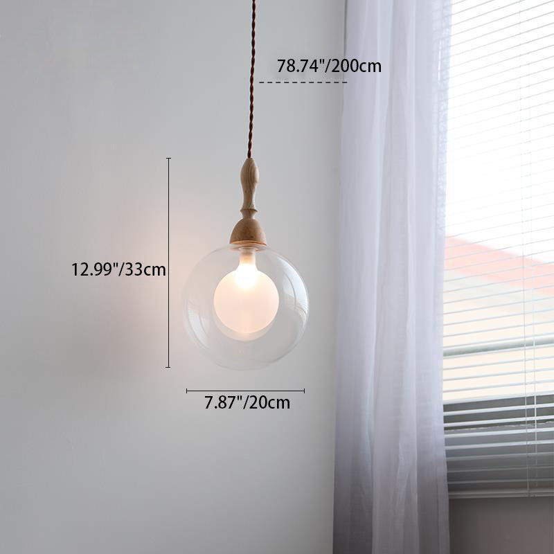 Traditional Japanese Orb Wood Glass 1-Light Pendant Light For Living Room