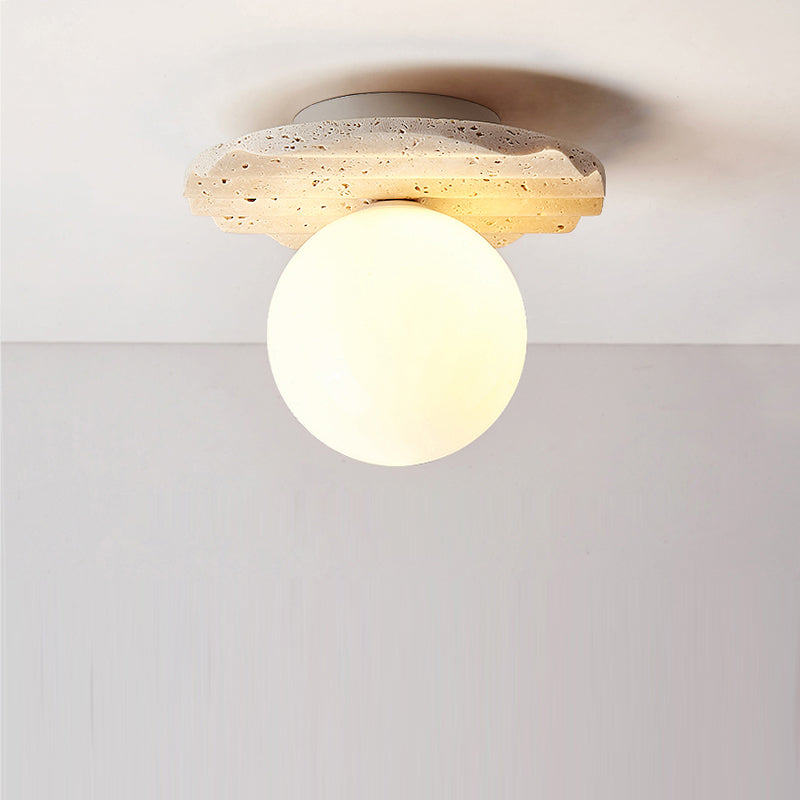Traditionelle japanische Deckenleuchte aus gelbem Travertin mit kugelförmigem Glasschirm und 1 Licht, halbbündige Montage für Wohnzimmer 