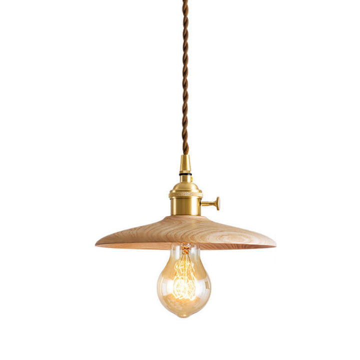 Contemporary Retro Ash Wood Copper Round Dish Irregular Grain 1-Light Pendant Light For Dining Room