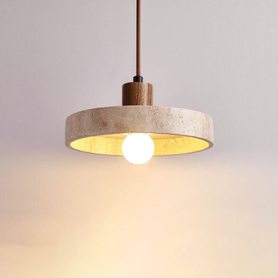 Japanese Minimalist Solid Wood Disc Yellow Travertine Base 1-Light Pendant Light