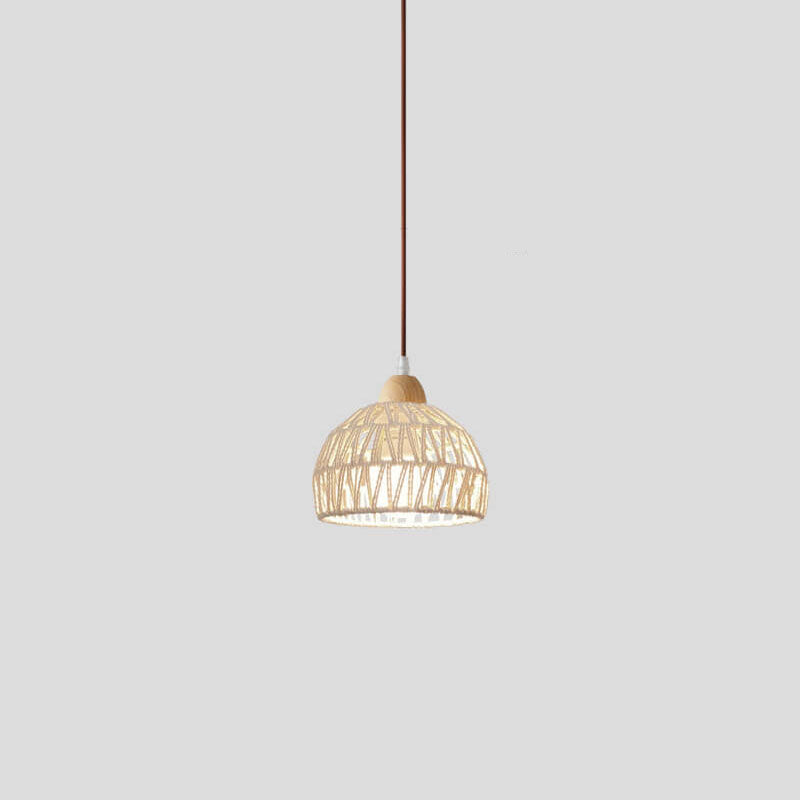 Contemporary Boho Rubberwood Faux Rattan Weaving Dome 1-Light Pendant Light For Dining Room