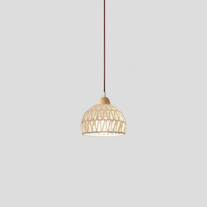 Contemporary Boho Rubberwood Faux Rattan Weaving Dome 1-Light Pendant Light For Dining Room