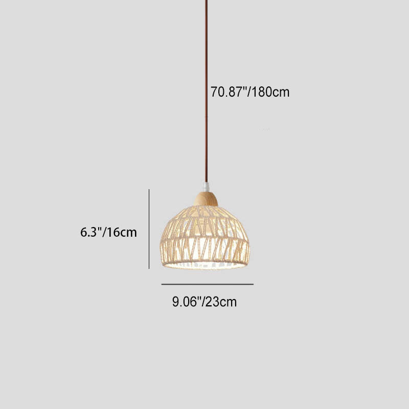 Contemporary Boho Rubberwood Faux Rattan Weaving Dome 1-Light Pendant Light For Dining Room