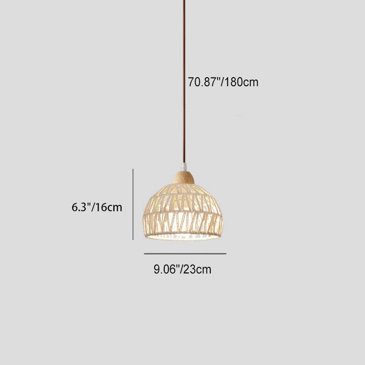 Contemporary Boho Rubberwood Faux Rattan Weaving Dome 1-Light Pendant Light For Dining Room