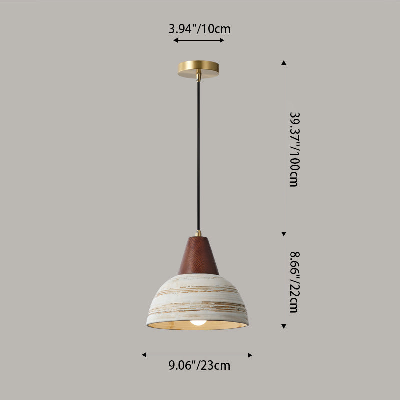 Zeitgenössische Vintage Kuppel Messing Holz Keramik 1-Licht Pendelleuchte für Wohnzimmer 