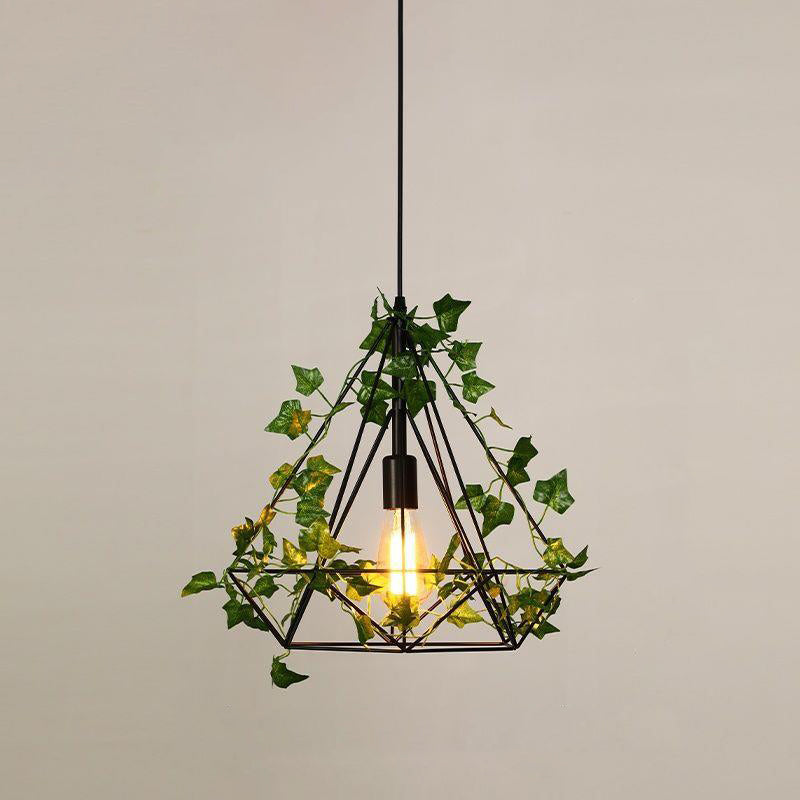 Luz colgante de 1 luz con hoja de sakura de diamante de vegetación simulada de cuerda de cáñamo de hierro retro contemporáneo para comedor 