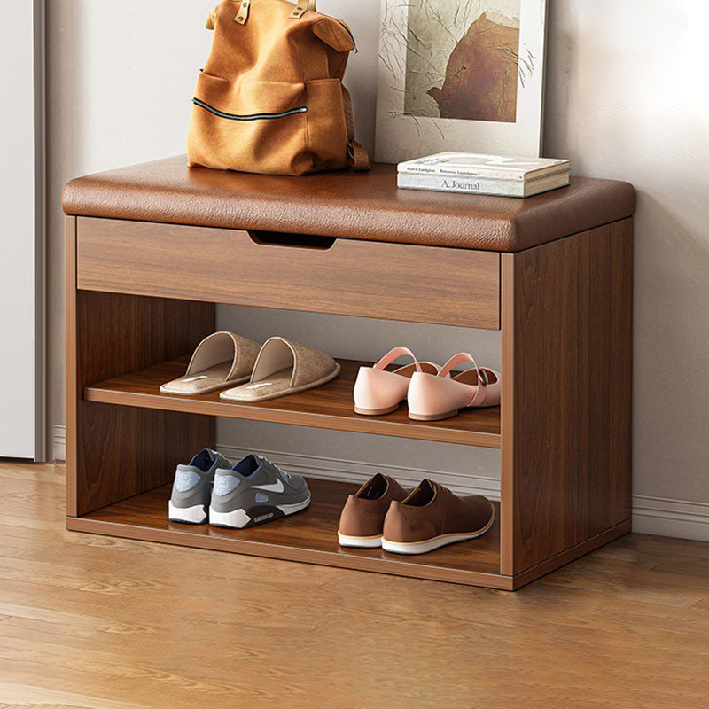 Rangement à chaussures moderne minimaliste rectangulaire en tissu, cuir PU et bois à 3 niveaux pour entrées 