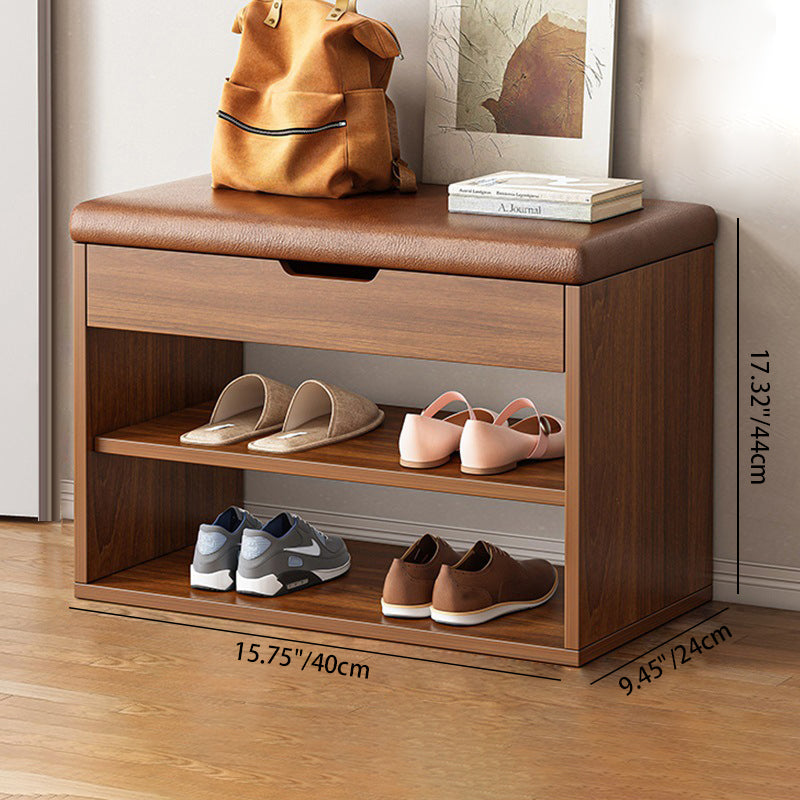 Rangement à chaussures moderne minimaliste rectangulaire en tissu, cuir PU et bois à 3 niveaux pour entrées 