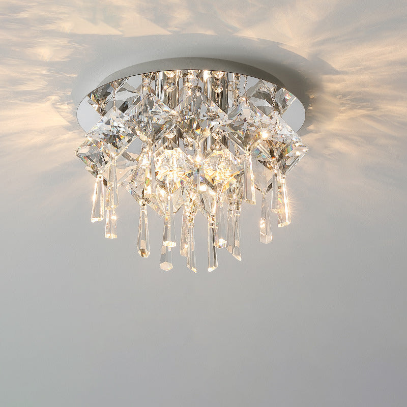 Luxe contemporain Éblouissant chaînes de cristal prismatiques Cadre rond en acier inoxydable Plafonnier encastré à 2/6/8 lumières pour salon 