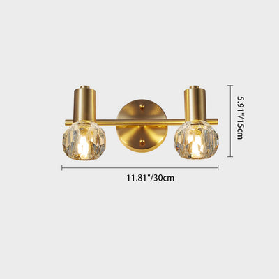 Lámpara de pared de lujo moderno cilindro diamante todo latón cristal 2/3 luces para baño 