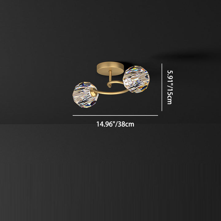 Contemporary Luxury Round Curved Pole Copper Crystal 2/6/8 Light Semi-Flush Mount Ceiling Light For Living Room
