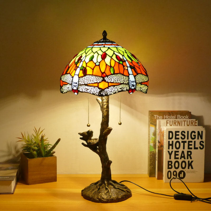 Traditional Tiffany Dragonfly Flower Stained Glass Bird Base 2-Light Table Lamp For Bedroom