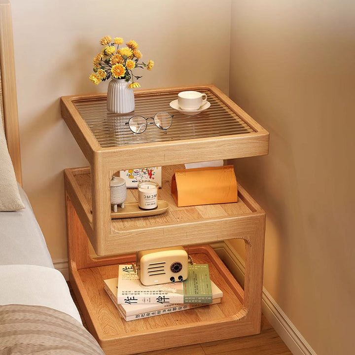 Traditioneller Vintage-Beistelltisch mit quadratischer Glasplatte aus Kautschukholz und Sperrholz, 3 Ebenen, für das Wohnzimmer 