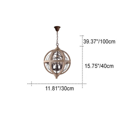 Lustre Rustique Traditionnel en Bois Vieilli avec Sphère en Cristal 4/5 Lumières pour Salon 