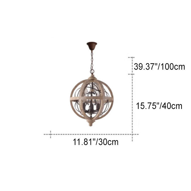 Lustre Rustique Traditionnel en Bois Vieilli avec Sphère en Cristal 4/5 Lumières pour Salon 