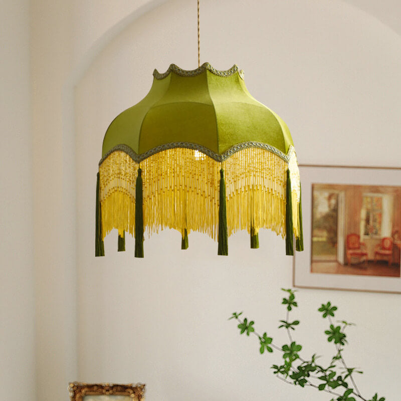 French Vintage Fabric Tassel Lampshade Brass 1-Light Pendant Light