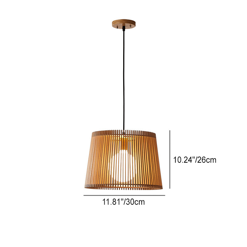 Traditional Japanese Wood Acrylic Cylinder Bucket 1-Light Pendant Light For Dining Room