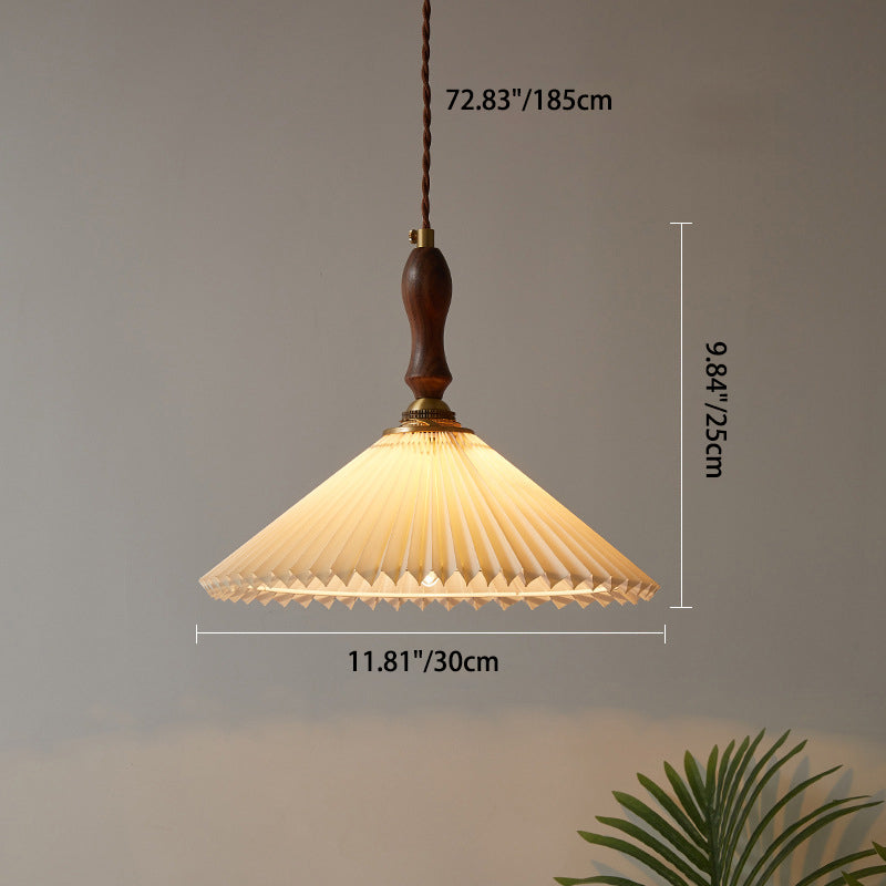 Lámpara colgante cónica de tela plisada vintage de 1 luz 