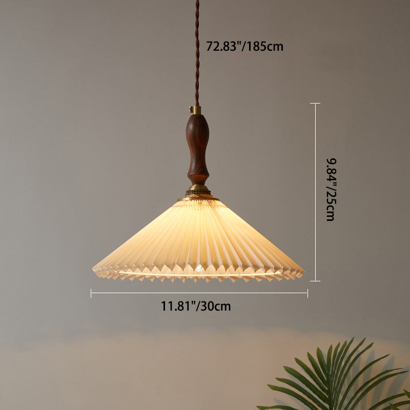 Vintage 1-Light Pleated Fabric Conical Pendant Light