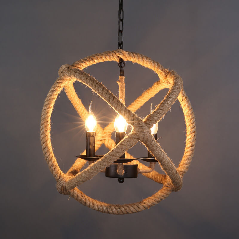 Contemporary Industrial Hemp Rope Round 4-Light Pendant Light For Dining Room