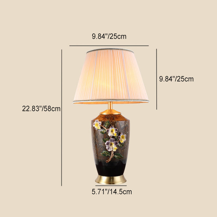 伝統的なヴィンテージ桃の花の花瓶型セラミック銅製ファブリック1灯テーブルランプ（寝室用） 