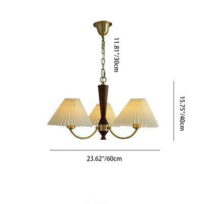 Traditional Vintage Pleated Fabric Shade Wood Brass Frame 3/5-Light Chandelier For Living Room